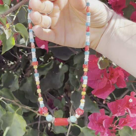 One-of-a-kind natural African Green Opal, Coconut Shell, Howlite, Red Coral, Turquoise, & Yellow Amber crystal designer bracelet with sterling silver hardware, designed & handmade in California.