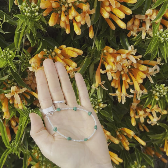 One-of-a-kind natural crystal designer bracelet with sterling silver hardware, designed & handmade in California. Stones are Amazonite & Malachite.