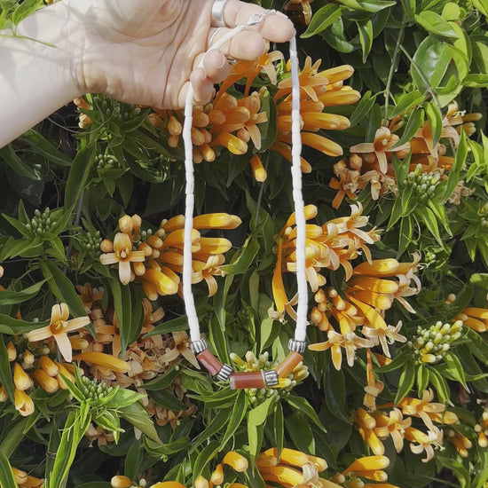 One-of-a-kind natural shell & stone designer necklace with sterling silver hardware, designed & handmade in California.