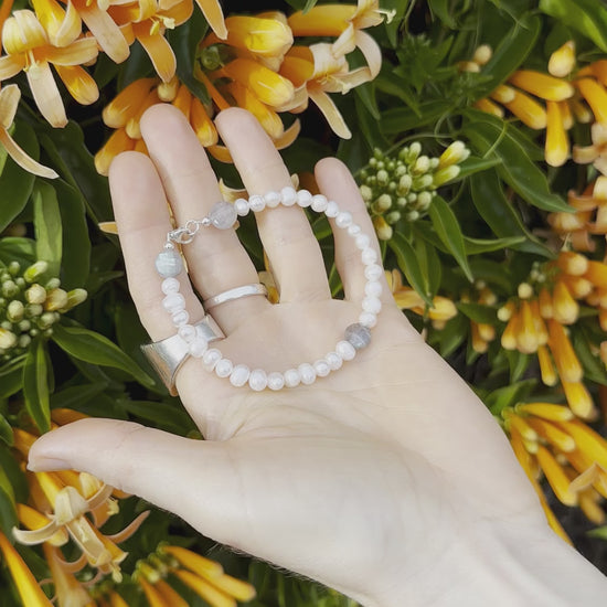 One-of-a-kind Freshwater Pearl & Labradorite crystal designer bracelet with sterling silver hardware, designed & handmade in California.