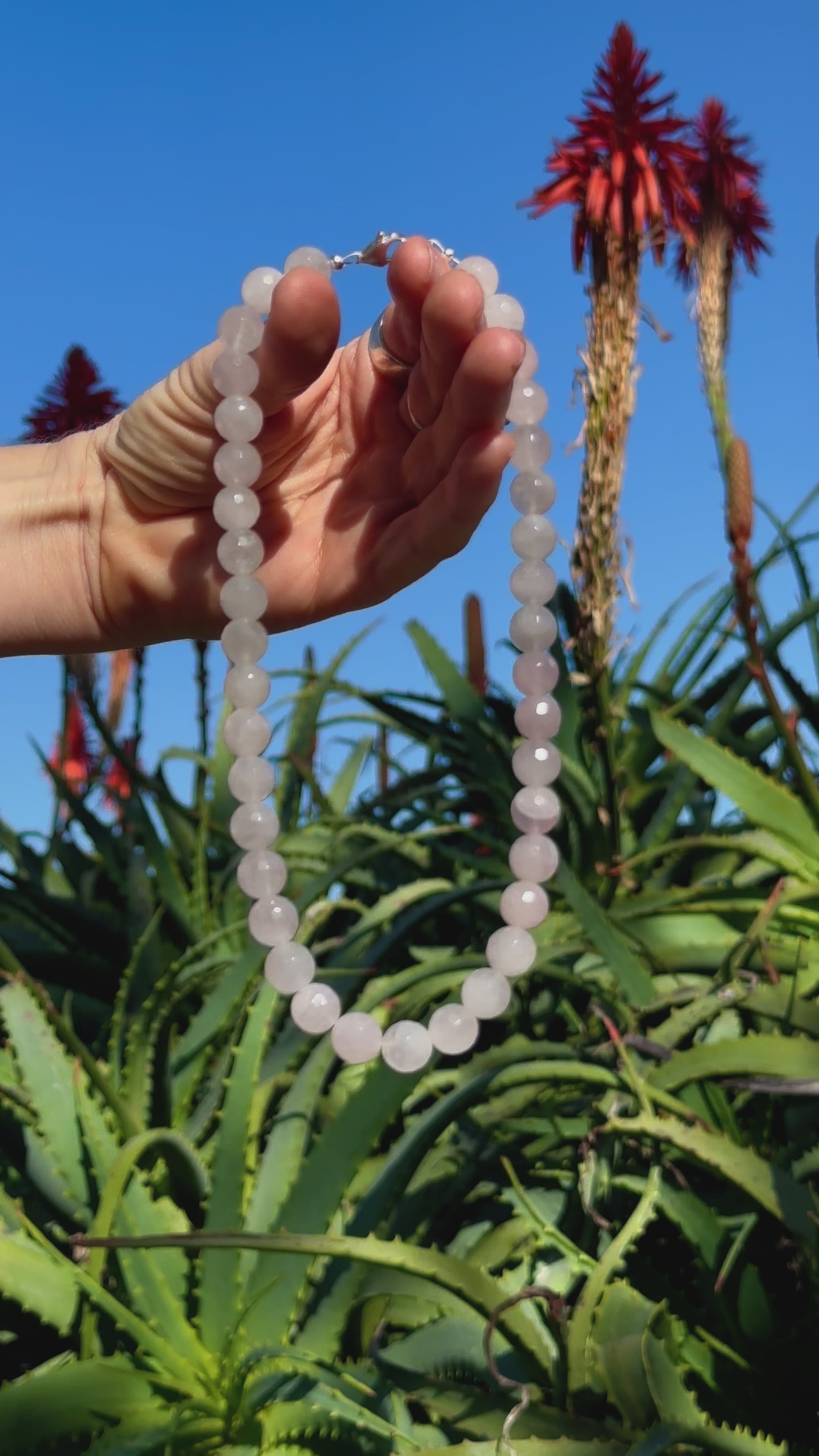 One-of-a-kind natural Rose Quartz crystal designer bracelet with sterling silver hardware, designed & handmade in California. 