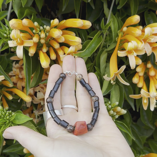 One-of-a-kind natural Red & Black Coral & Coconut Shell designer bracelet with coconut shells & sterling silver hardware, designed & handmade in California.