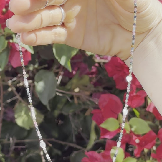 One-of-a-kind natural Mother of Pearl & Green, Black, Clear, & Pink Tourmaline crystal designer bracelet with sterling silver hardware, designed & handmade in California.