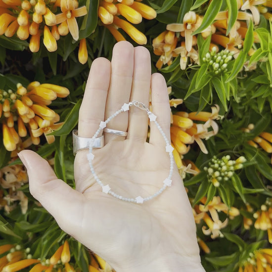 One-of-a-kind natural Amazonite crystal & Mother of Pearl shell designer bracelet with sterling silver hardware, designed & handmade in California.