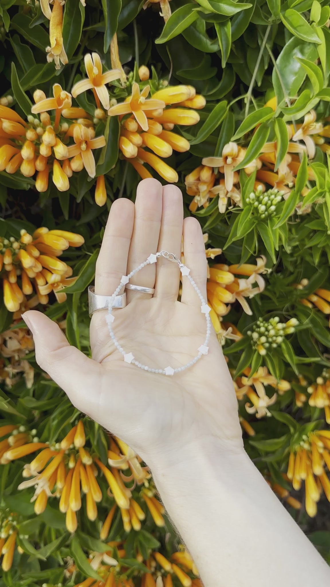 One-of-a-kind natural Amazonite crystal & Mother of Pearl shell designer bracelet with sterling silver hardware, designed & handmade in California.