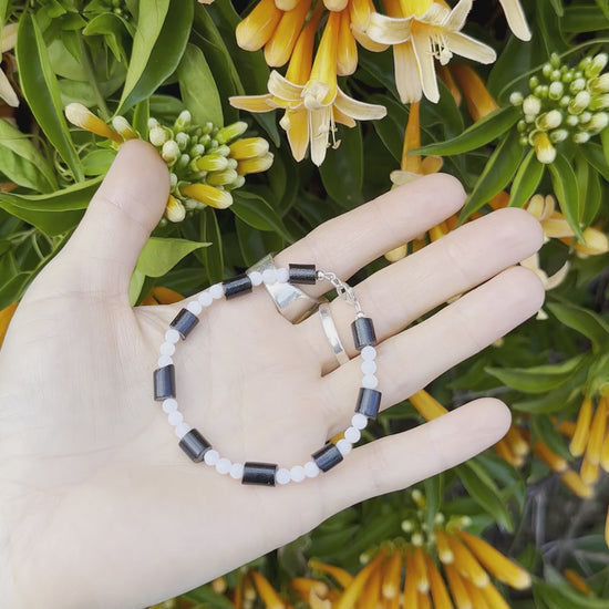 One-of-a-kind natural Black Coral & Mother of Pearl designer bracelet with sterling silver hardware, designed & handmade in California.